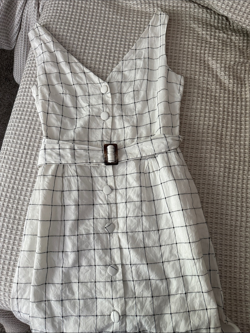 Mango White Windowpane Belted Midi Dress